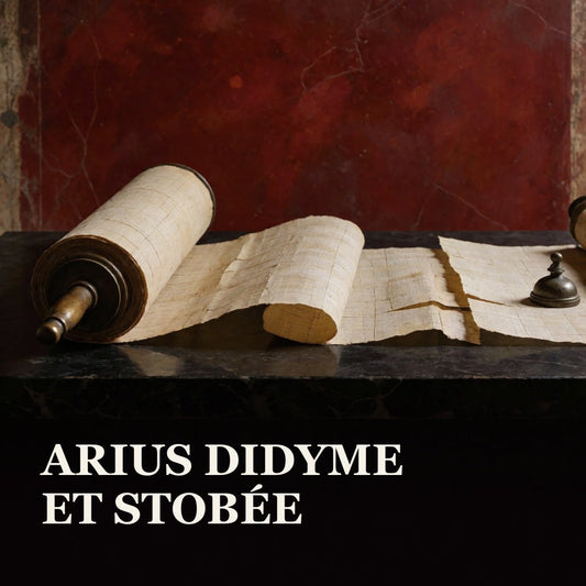 Rouleau de papyrus grec ouvert sur un socle de pierre rouge sombre, avec le titre « Arius Didyme et Stobée ».