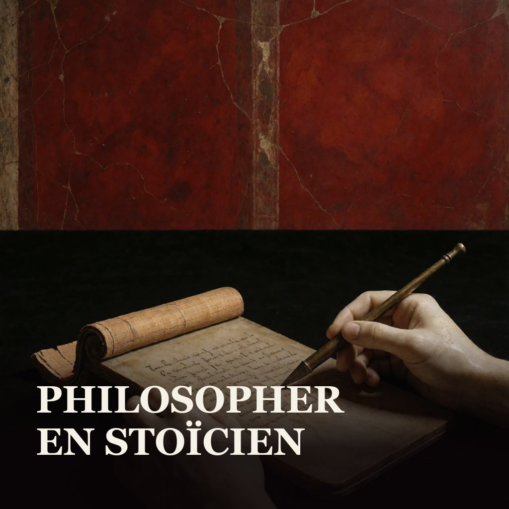 Main tenant un stylet de bronze au-dessus d’une tablette antique, illustration du fragment de Stobée sur la philosophie.