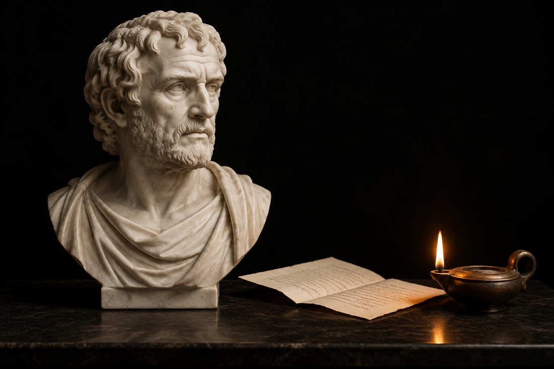 Buste romain intact près d’une lettre ouverte et d’une lampe, illustration de la réflexion de Sénèque sur la colère.