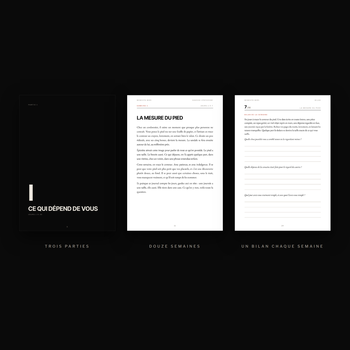 Memento Mori : aperçu des trois parties, de l’ouverture de la semaine La mesure du pied et d’un bilan hebdomadaire à remplir.