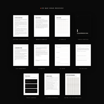 Contenu de Memento Mori : lettre d’ouverture, mode d’emploi, grille de suivi, trois parties, pages du matin et du soir, bilans, cartes, sources et calendrier de vie.