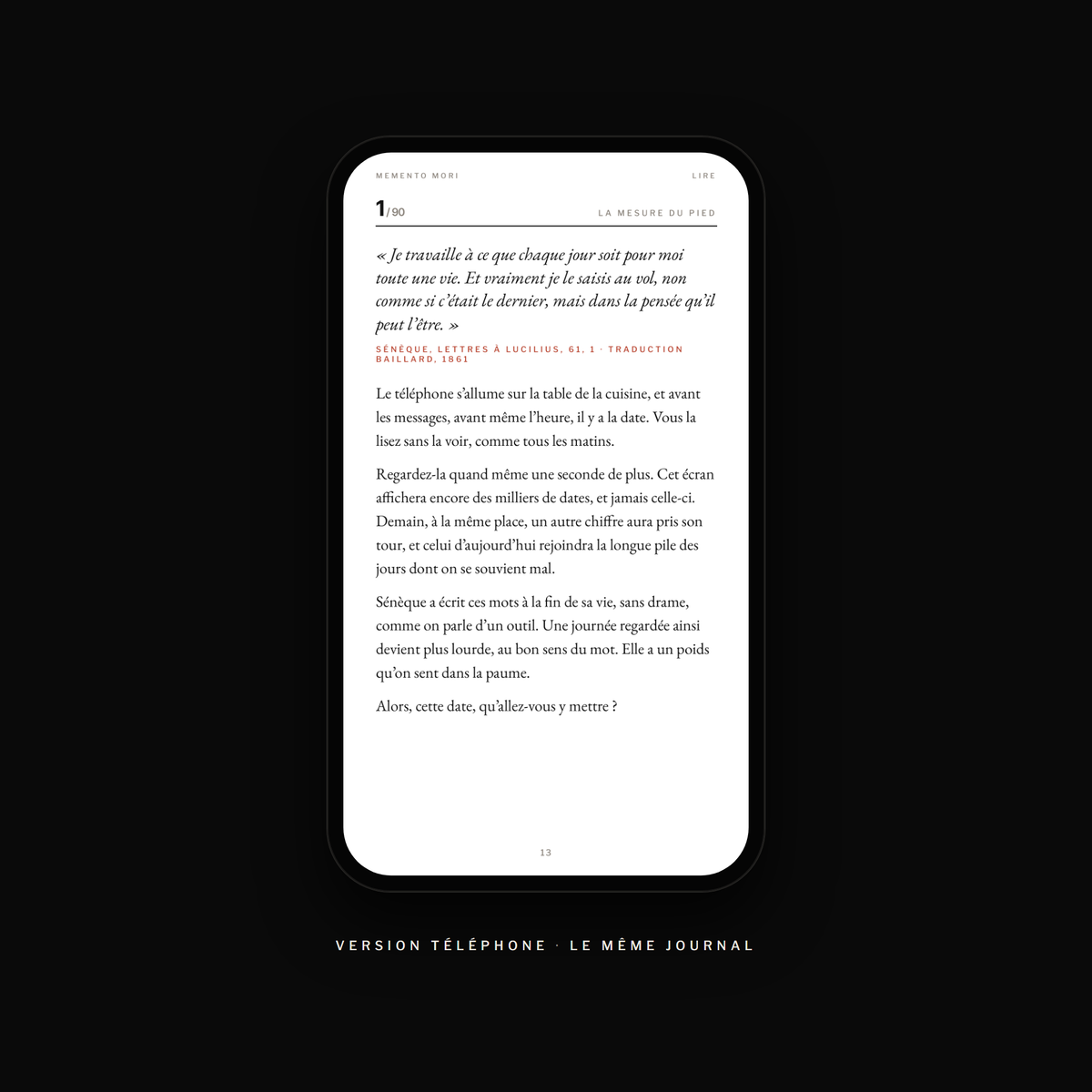 Version téléphone du journal Memento Mori : page du jour 1 avec une citation de Sénèque, le texte à lire et la question du matin.