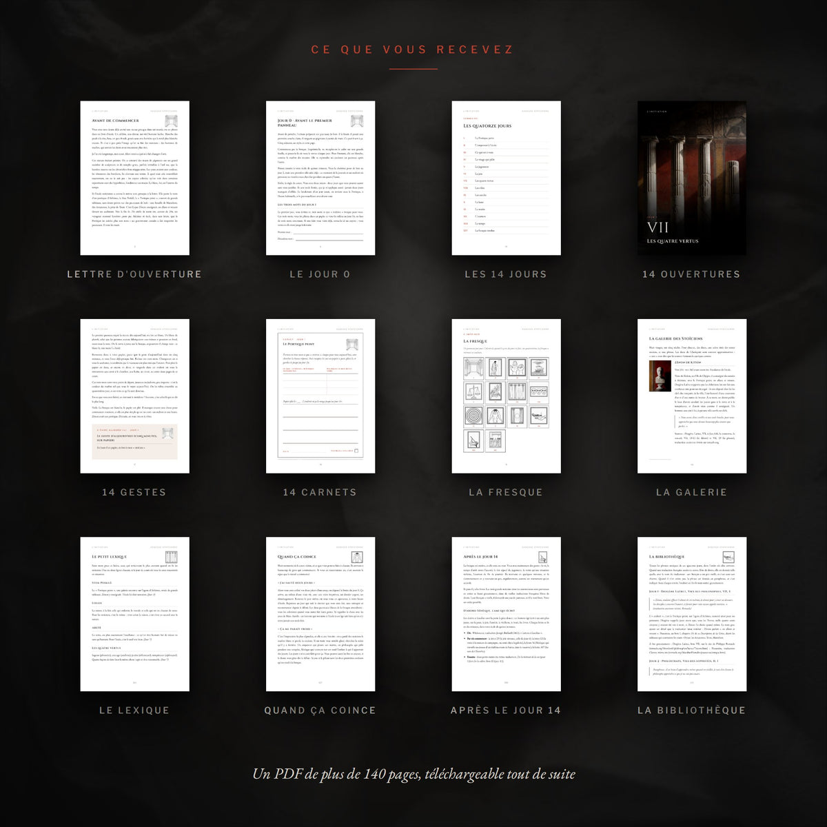 Aperçu du contenu du PDF L'Initiation : lettre d'ouverture, Jour 0, quatorze jours, pages de carnet, fresque, galerie, lexique et bibliothèque.