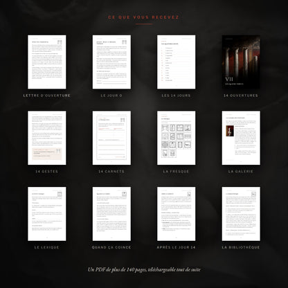 Aperçu du contenu du PDF L'Initiation : lettre d'ouverture, Jour 0, quatorze jours, pages de carnet, fresque, galerie, lexique et bibliothèque.