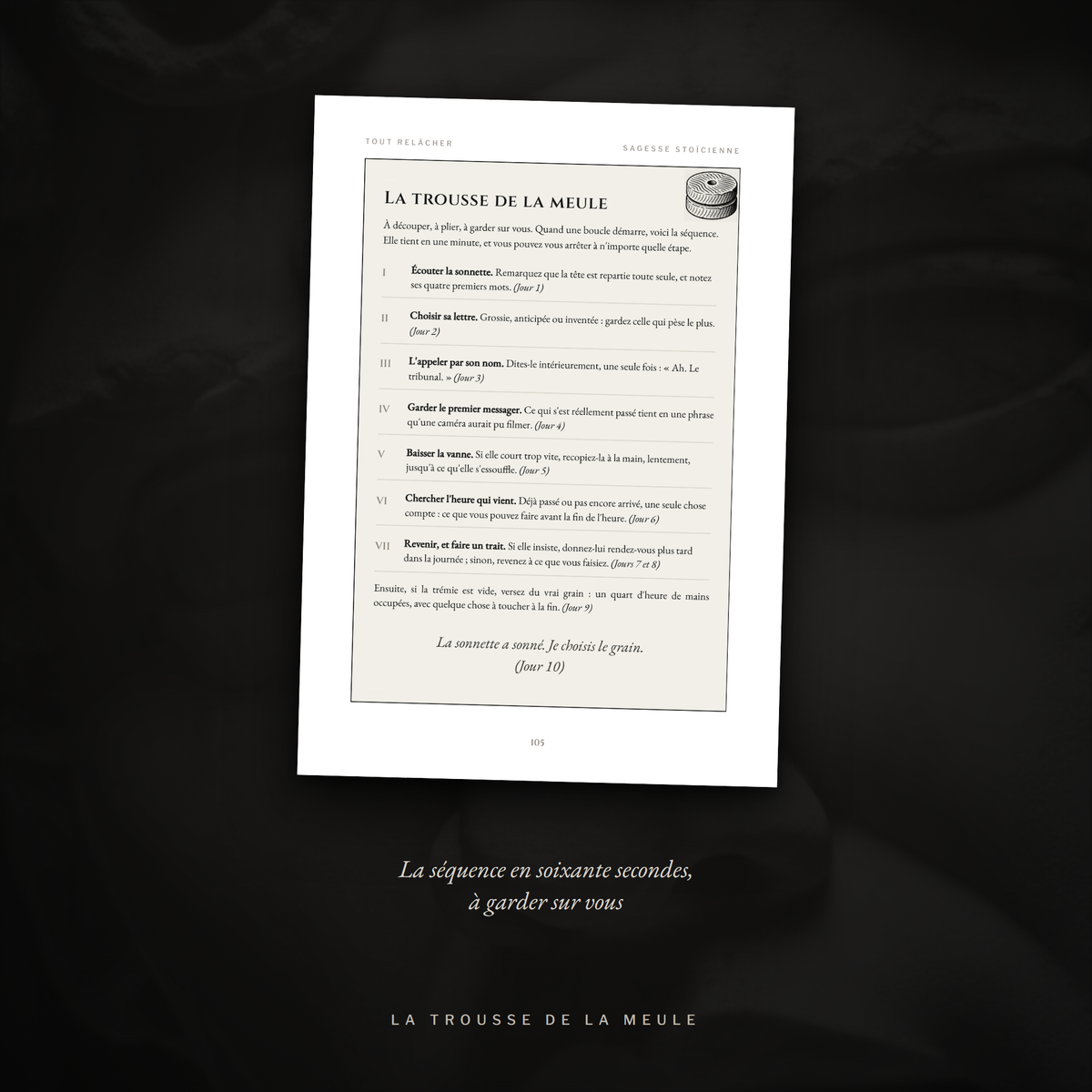 La trousse de la meule, carte à garder sur soi qui résume la séquence en soixante secondes