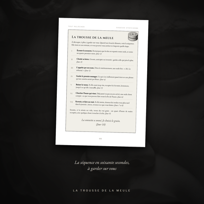 La trousse de la meule, carte à garder sur soi qui résume la séquence en soixante secondes