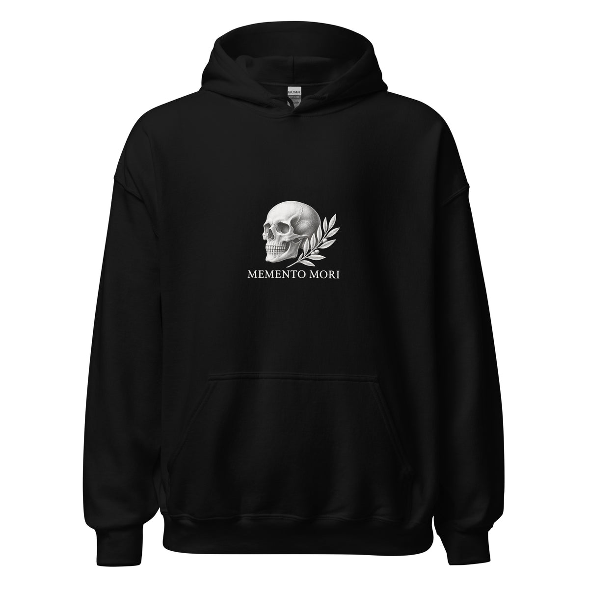 Sweat noir Memento Mori, gravure blanche sur la poitrine, vue de face