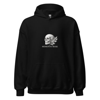 Sweat noir Memento Mori, gravure blanche sur la poitrine, vue de face