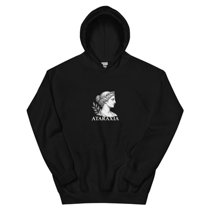 Sweat noir Ataraxia, gravure antique sur la poitrine, vue de face