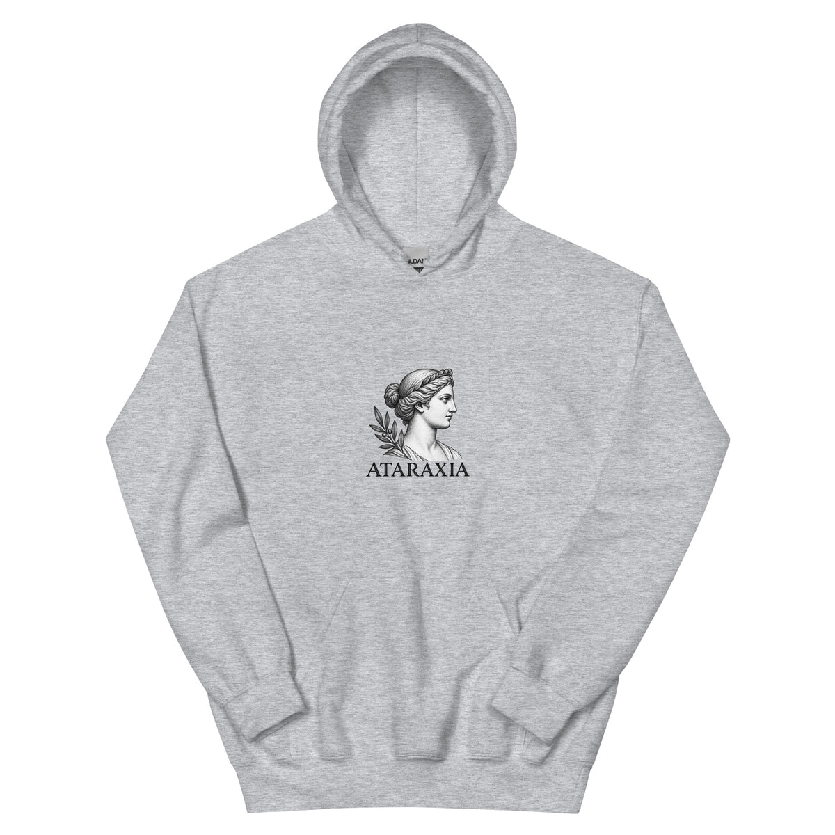 Sweat gris clair Ataraxia, gravure antique sur la poitrine, vue de face