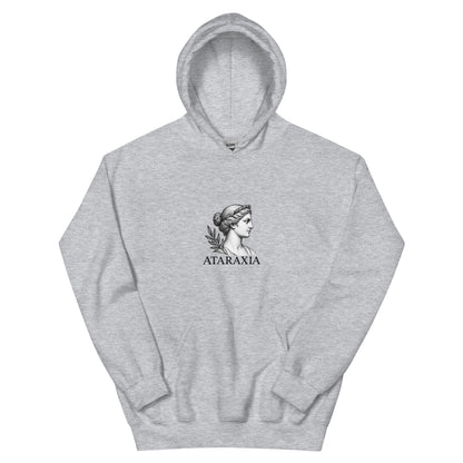 Sweat gris clair Ataraxia, gravure antique sur la poitrine, vue de face