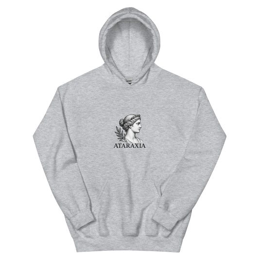 Sweat gris clair Ataraxia, gravure antique sur la poitrine, vue de face