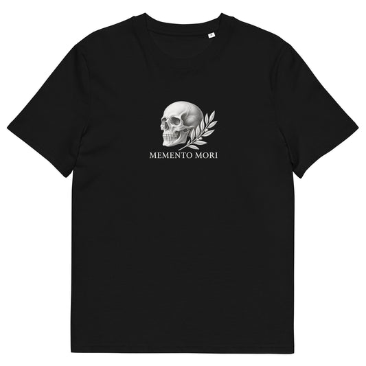 T-shirt Memento Mori noir en coton biologique, gravure claire d’un crâne et d’un olivier, vue de face
