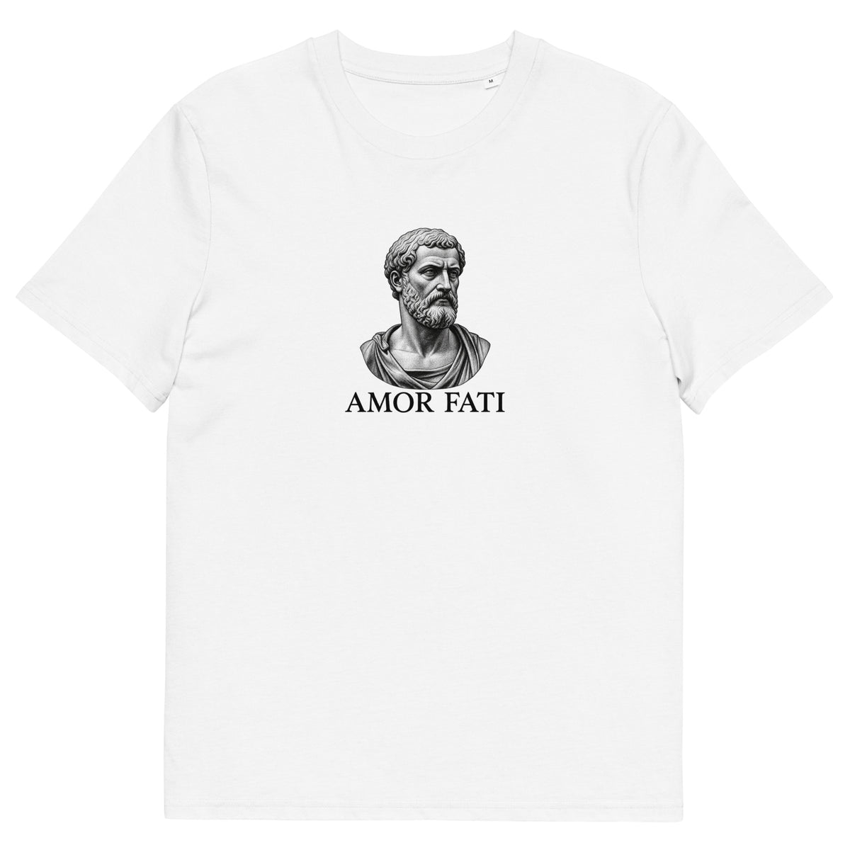 T-shirt Amor Fati blanc en coton biologique, gravure d’un buste antique sur la poitrine, vue de face