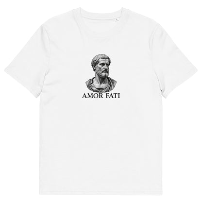 T-shirt Amor Fati blanc en coton biologique, gravure d’un buste antique sur la poitrine, vue de face