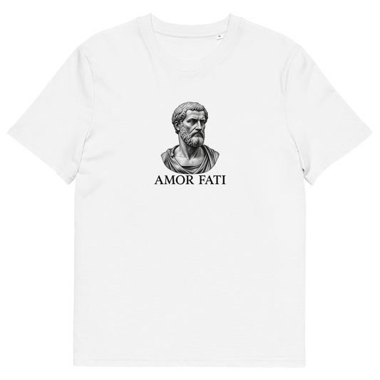 T-shirt Amor Fati blanc en coton biologique, gravure d’un buste antique sur la poitrine, vue de face