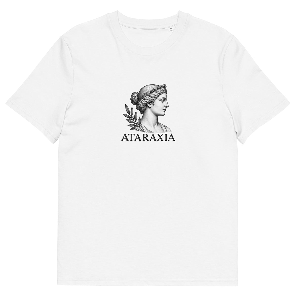 T-shirt Ataraxia blanc en coton biologique, gravure d’un profil antique et d’un olivier, vue de face